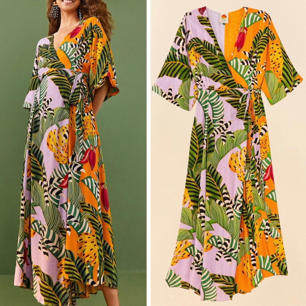Farm Rio Mixed Striped Bananas Maxi Wrap Dress, Size S